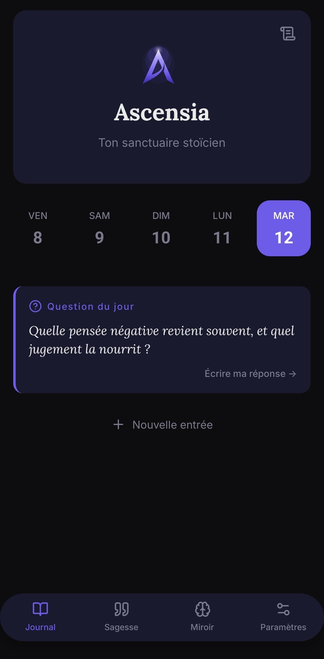 Écran d'accueil Ascensia avec la question du jour